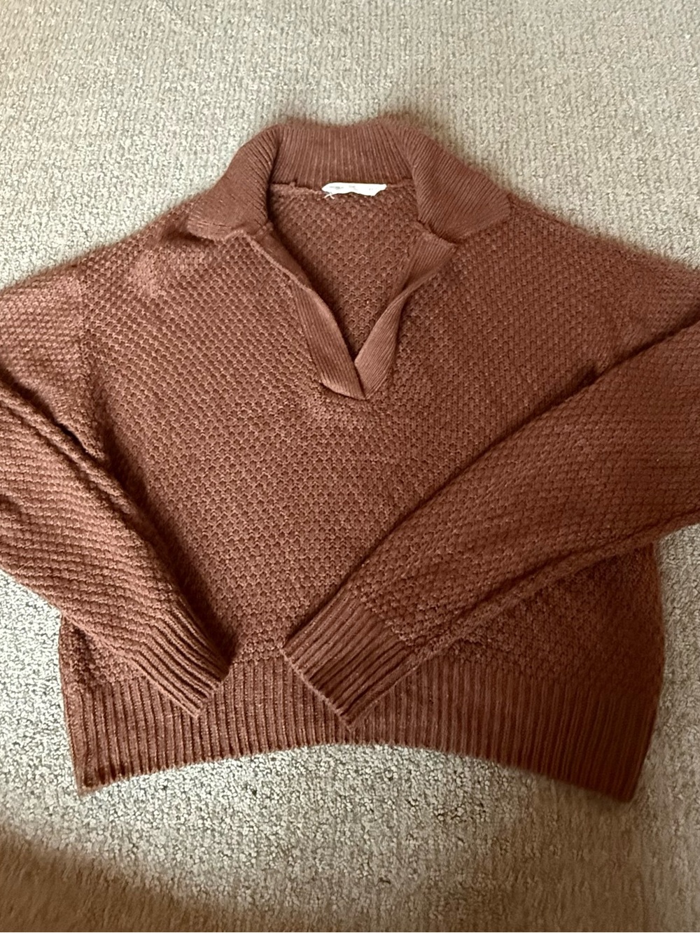 Bluenotes Women's Rust Brown V-Neck Textured Collared Sweater
